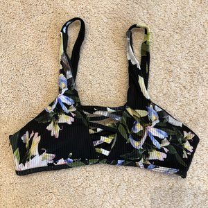 BLACK WITH BLUE FLORAL PRINT RIBBED BIKINI SWIMSUIT TOP SIZE SMALL